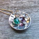 Sterling Silver Personalized Necklace Mothers Hand Stamped Jewelry Custom Name Keepsake Pendant Crystal Swarovski Charms Cupped 